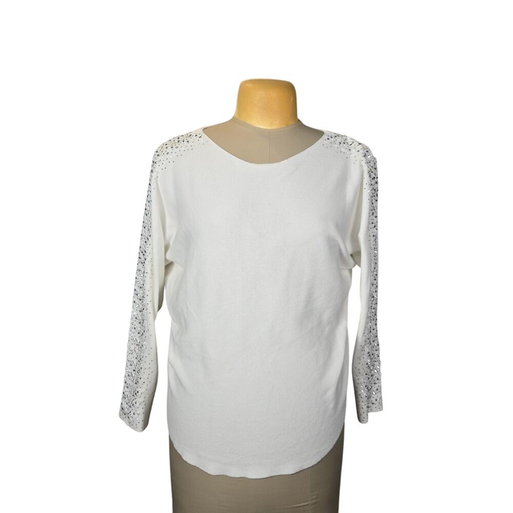 Liv Milano Womens XL Sweater Rhinestone Sleeves Leaf Open Applique‎ Glam Elegant